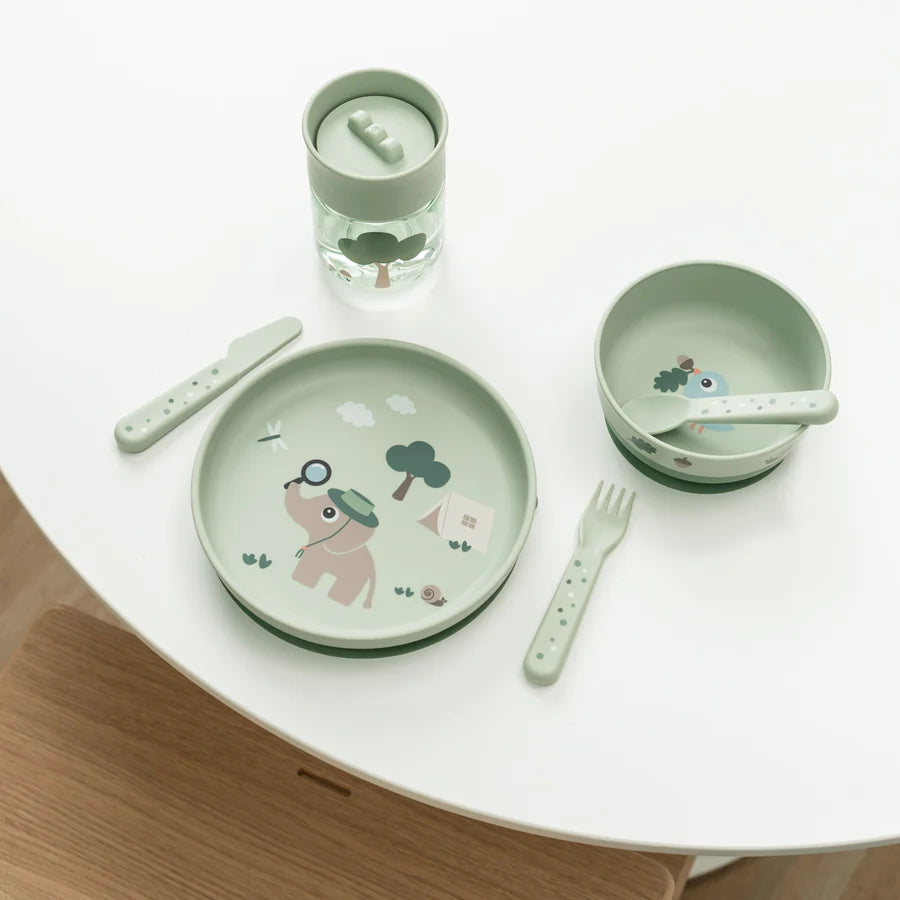 Done by Deer - Prvi jedilni set Foodie s 360° skodelico Tiny trails - Green