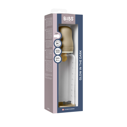 BIBS - Otroška steklena steklenička nočna 240 ml, lateks - Vanilla Glow (srednji pretok)