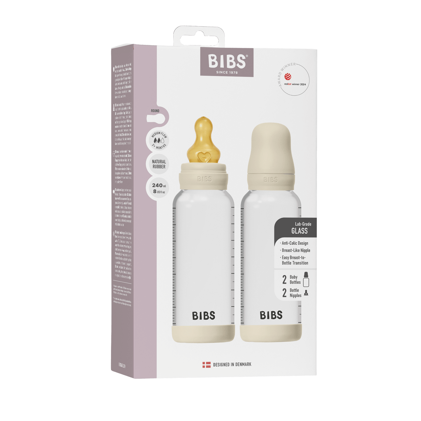 BIBS - Komplet 2 otroških steklenih stekleničk 240 ml, lateks - Ivory (srednji pretok)