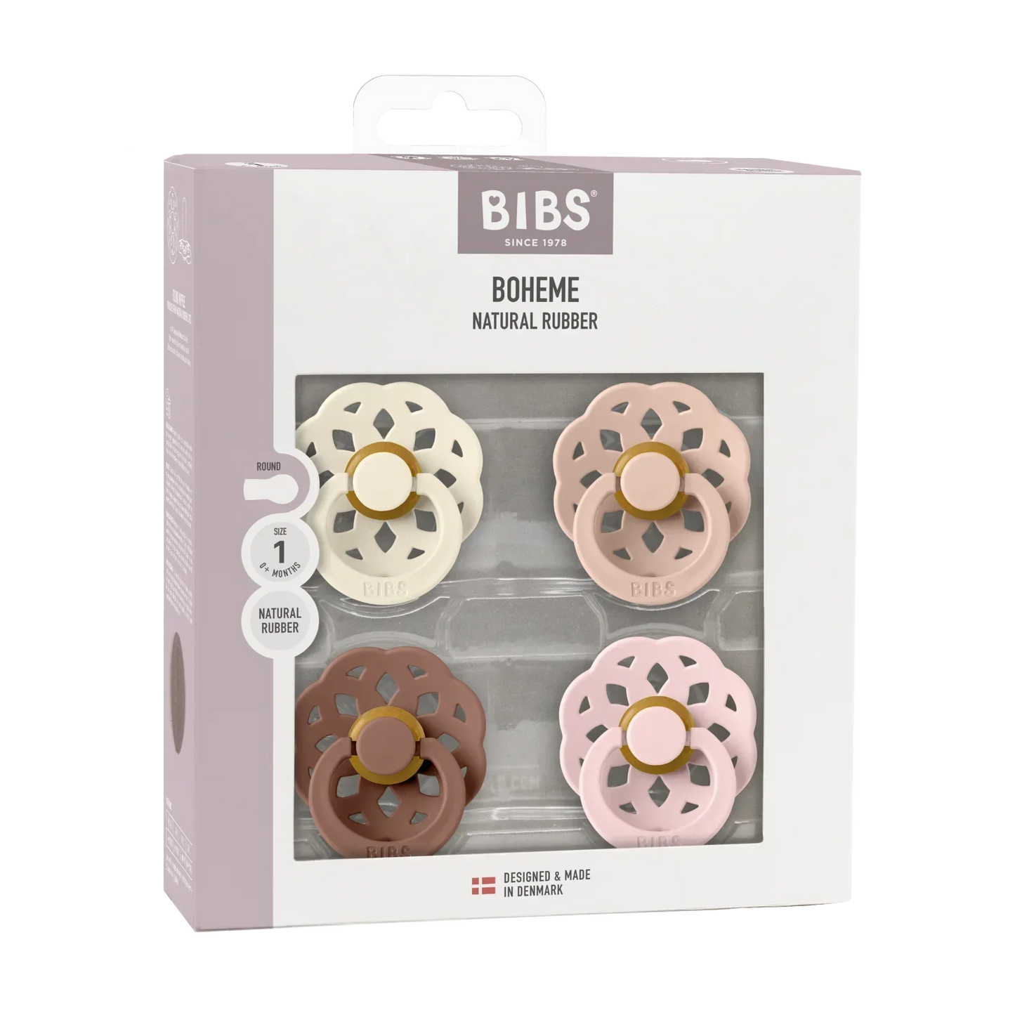 BIBS - Komplet 4 okroglih dud Boheme, lateks - Ivory/Blush/Woodchuck/Blossom