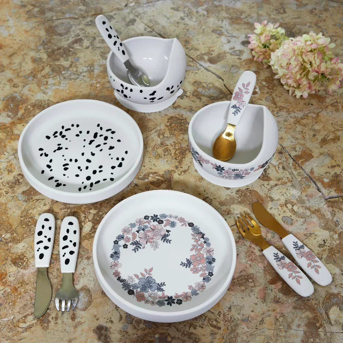 Elodie - Silikonski jedilni set - Dalmatian Dots