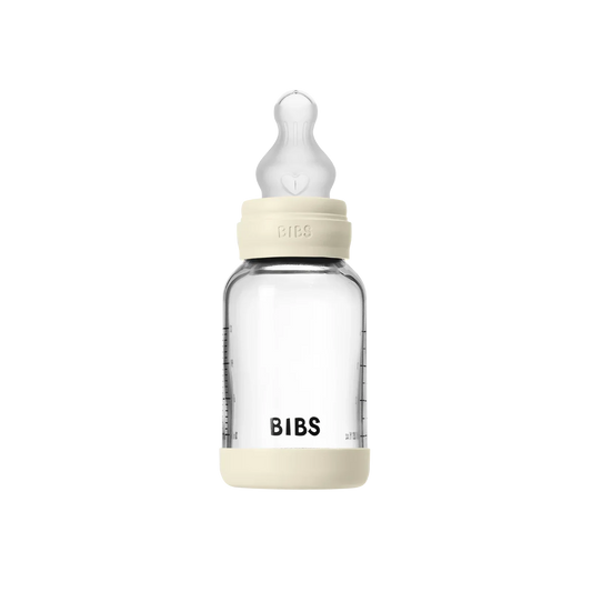 BIBS - Otroška steklena steklenička 120 ml, silikon - Ivory (počasni pretok)