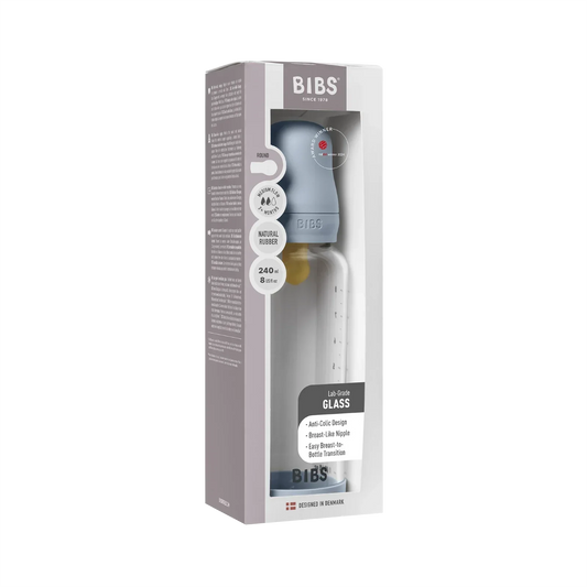 BIBS - Otroška steklena steklenička 240 ml, lateks - Baby Blue (srednji pretok)