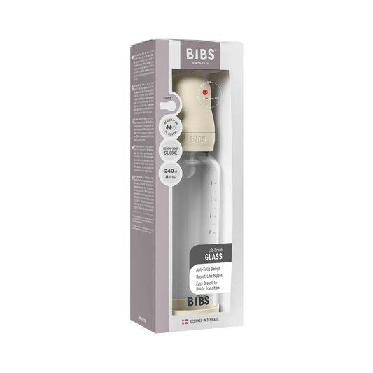 BIBS - Otroška steklena steklenička 240 ml, silikon - Ivory (srednji pretok)