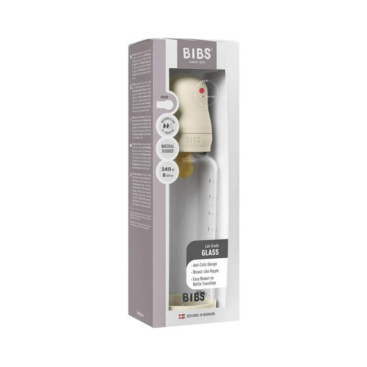 BIBS - Otroška steklena steklenička 240 ml, lateks - Ivory (srednji pretok)