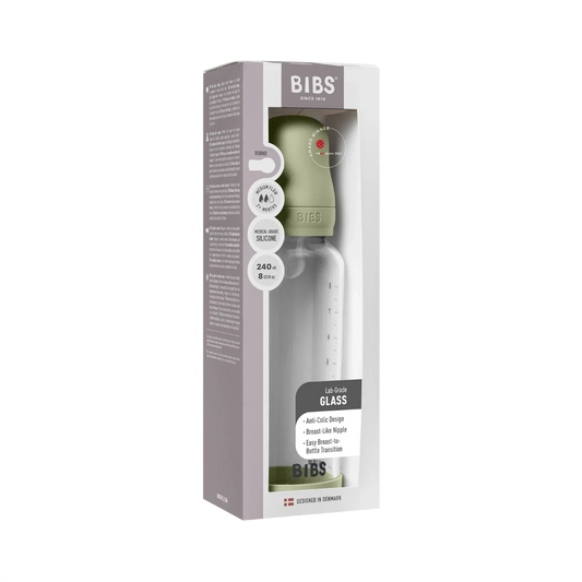 BIBS - Otroška steklena steklenička 240 ml, silikon - Sage (srednji pretok)