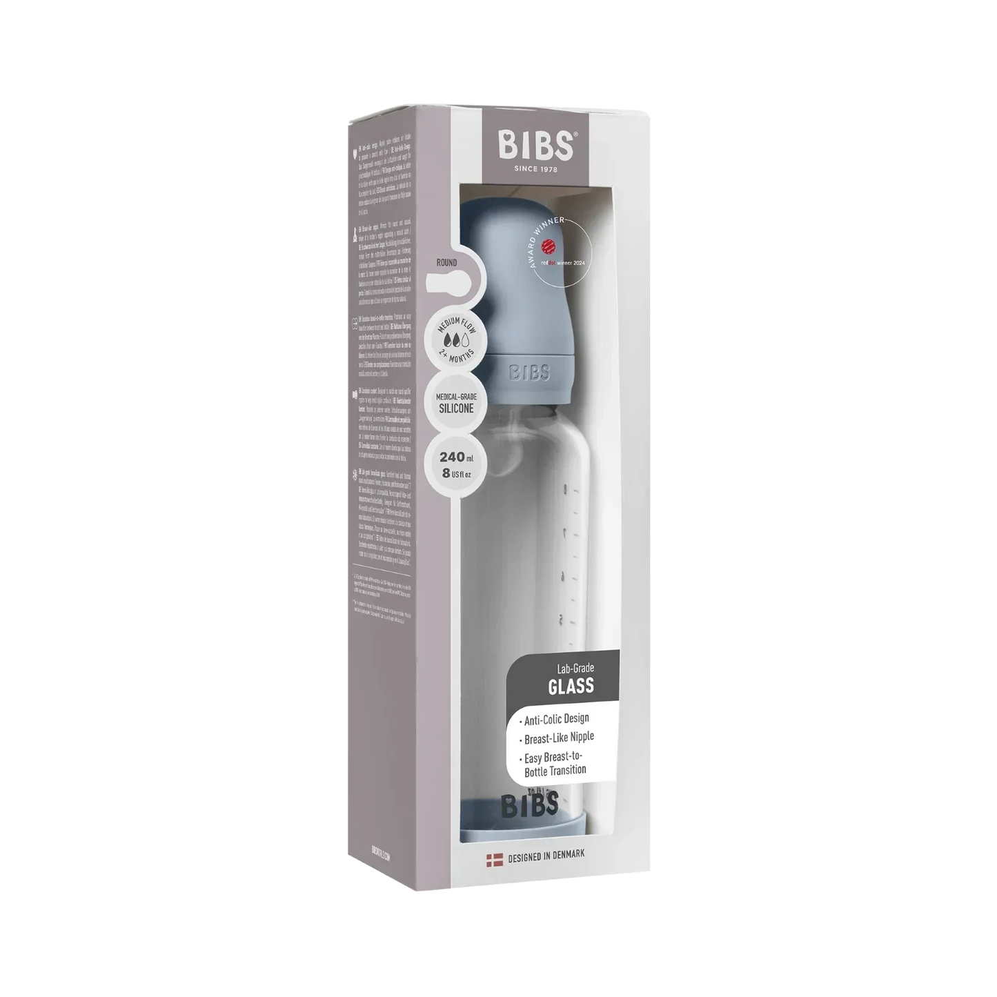 BIBS - Otroška steklena steklenička 240 ml, silikon - Baby Blue (srednji pretok)