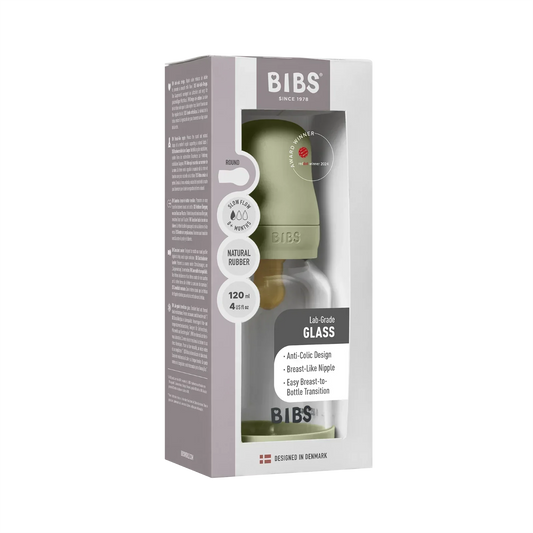 BIBS - Otroška steklena steklenička 120 ml, lateks - Sage (počasni pretok)
