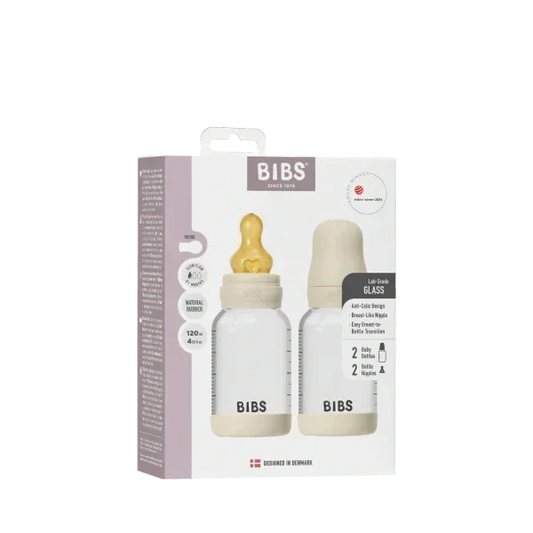 BIBS - Komplet 2 otroških steklenih stekleničk 120 ml, lateks - Ivory (počasni pretok)
