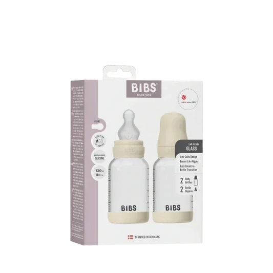 BIBS - Komplet 2 otroških steklenih stekleničk 120 ml, silikon - Ivory (počasni pretok)