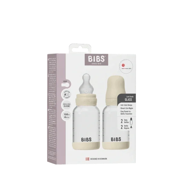 BIBS - Komplet 2 otroških steklenih stekleničk 120 ml, silikon - Ivory (počasni pretok)