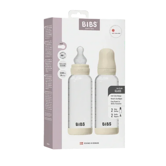 BIBS - Komplet 2 otroških steklenih stekleničk 240 ml, silikon - Ivory (srednji pretok)