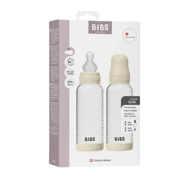 BIBS - Komplet 2 otroških steklenih stekleničk 240 ml, silikon - Ivory (srednji pretok) - 52201216 Luxbaby