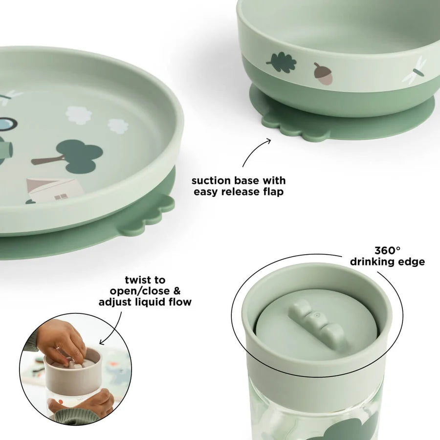 Done by Deer - Prvi jedilni set Foodie s 360° skodelico Tiny trails - Green
