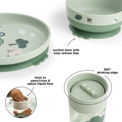 Done by Deer - Prvi jedilni set Foodie s 360° skodelico Tiny trails - Green