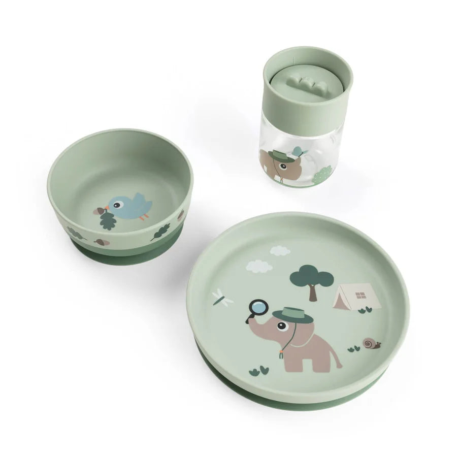 Done by Deer - Prvi jedilni set Foodie s 360° skodelico Tiny trails - Green