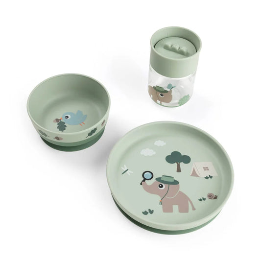 Done by Deer - Prvi jedilni set Foodie s 360° skodelico Tiny trails - Green