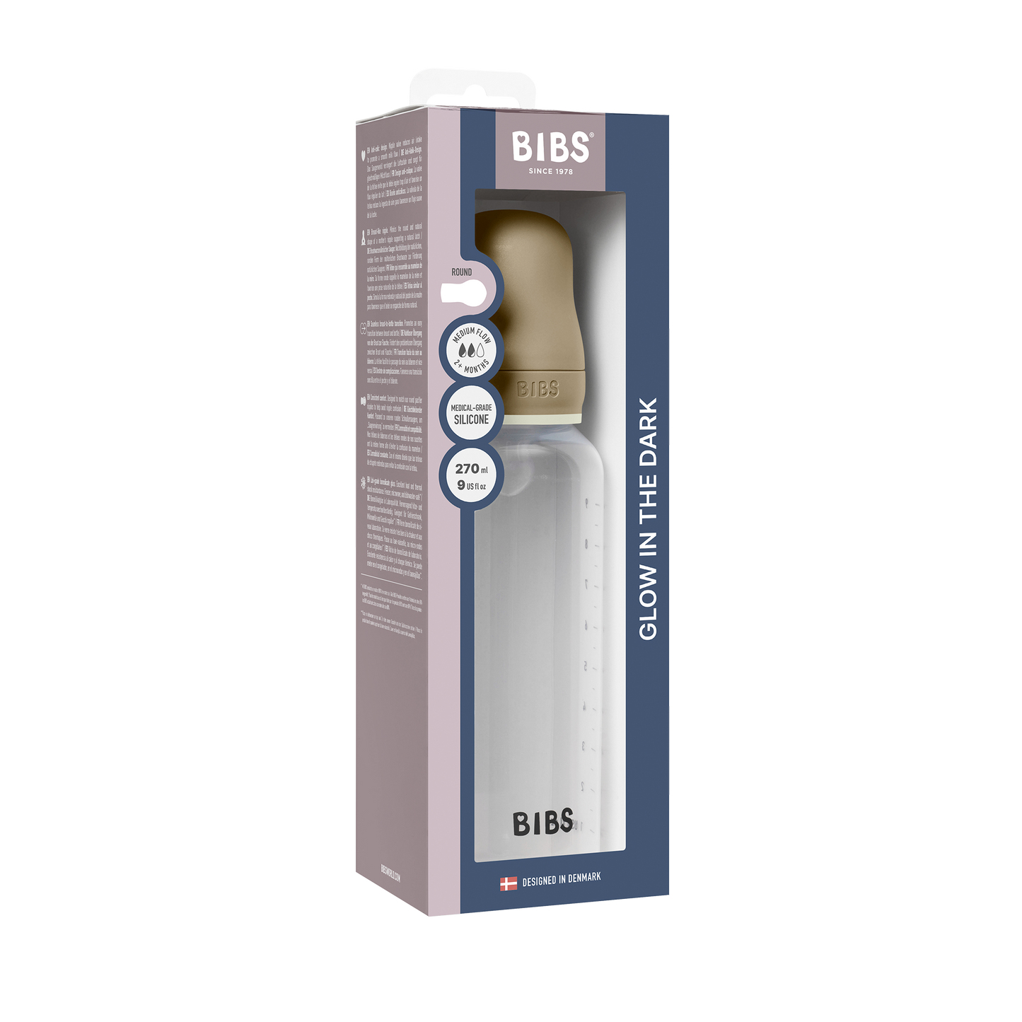 BIBS - Otroška steklenička nočna 270 ml, silikon - Vanilla Glow (srednji pretok)