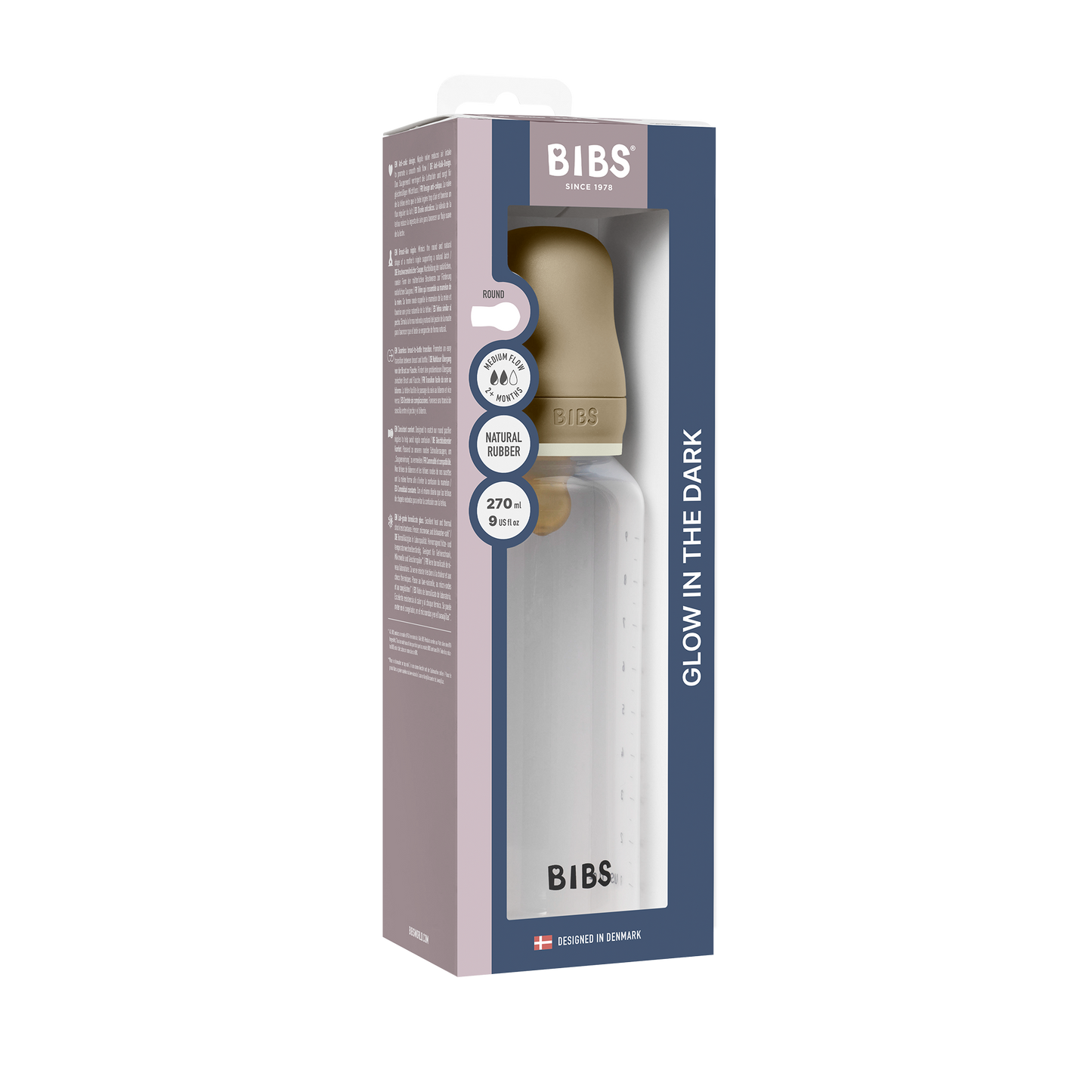 BIBS - Otroška steklenička nočna 270 ml, silikon - Vanilla Glow (srednji pretok)