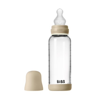 BIBS - Otroška steklena steklenička nočna 240 ml, silikon - Vanilla Glow (srednji pretok)