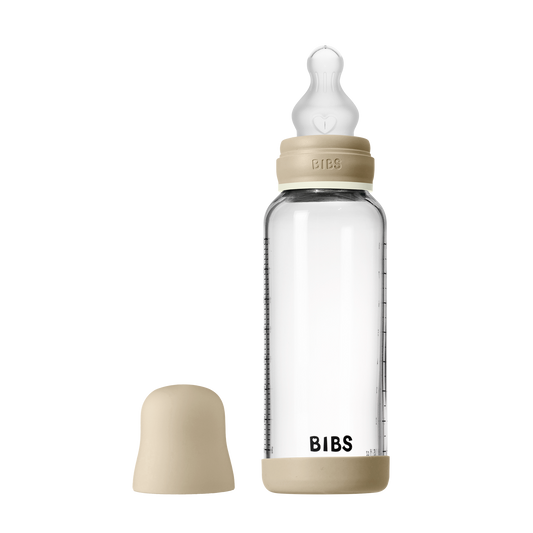 BIBS - Otroška steklena steklenička nočna 240 ml, silikon - Vanilla Glow (srednji pretok)