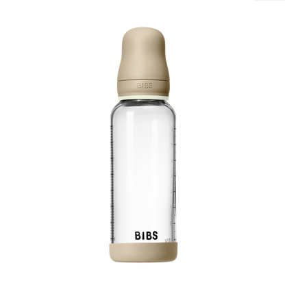 BIBS - Otroška steklena steklenička nočna 240 ml, silikon - Vanilla Glow (srednji pretok)