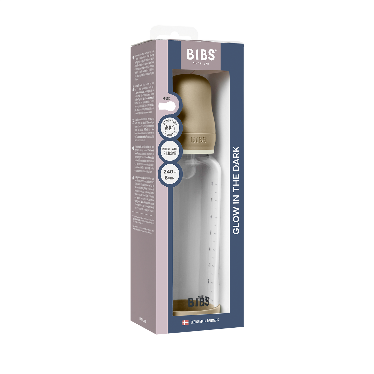 BIBS - Otroška steklena steklenička nočna 240 ml, silikon - Vanilla Glow (srednji pretok)