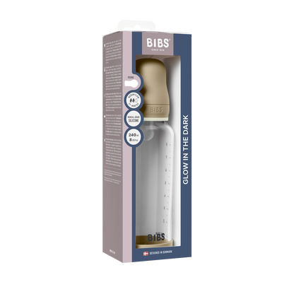 BIBS - Otroška steklena steklenička nočna 240 ml, silikon - Vanilla Glow (srednji pretok)