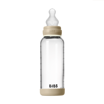 BIBS - Otroška steklena steklenička nočna 240 ml, silikon - Vanilla Glow (srednji pretok)