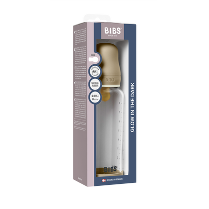 BIBS - Otroška steklena steklenička nočna 240 ml, lateks - Vanilla Glow (srednji pretok)