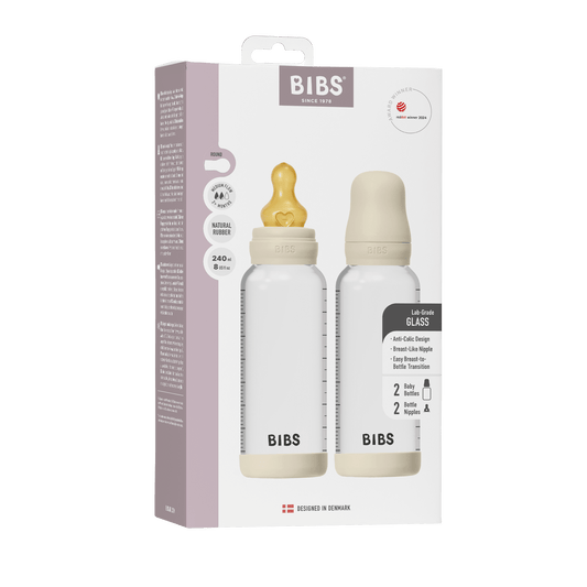 BIBS - Komplet 2 otroških steklenih stekleničk 240 ml, lateks - Ivory (srednji pretok)