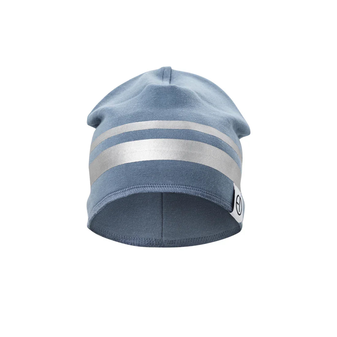 Modra otroška zimska kapa z dvema svetlečima sivima črtama, minimalističen dizajn.