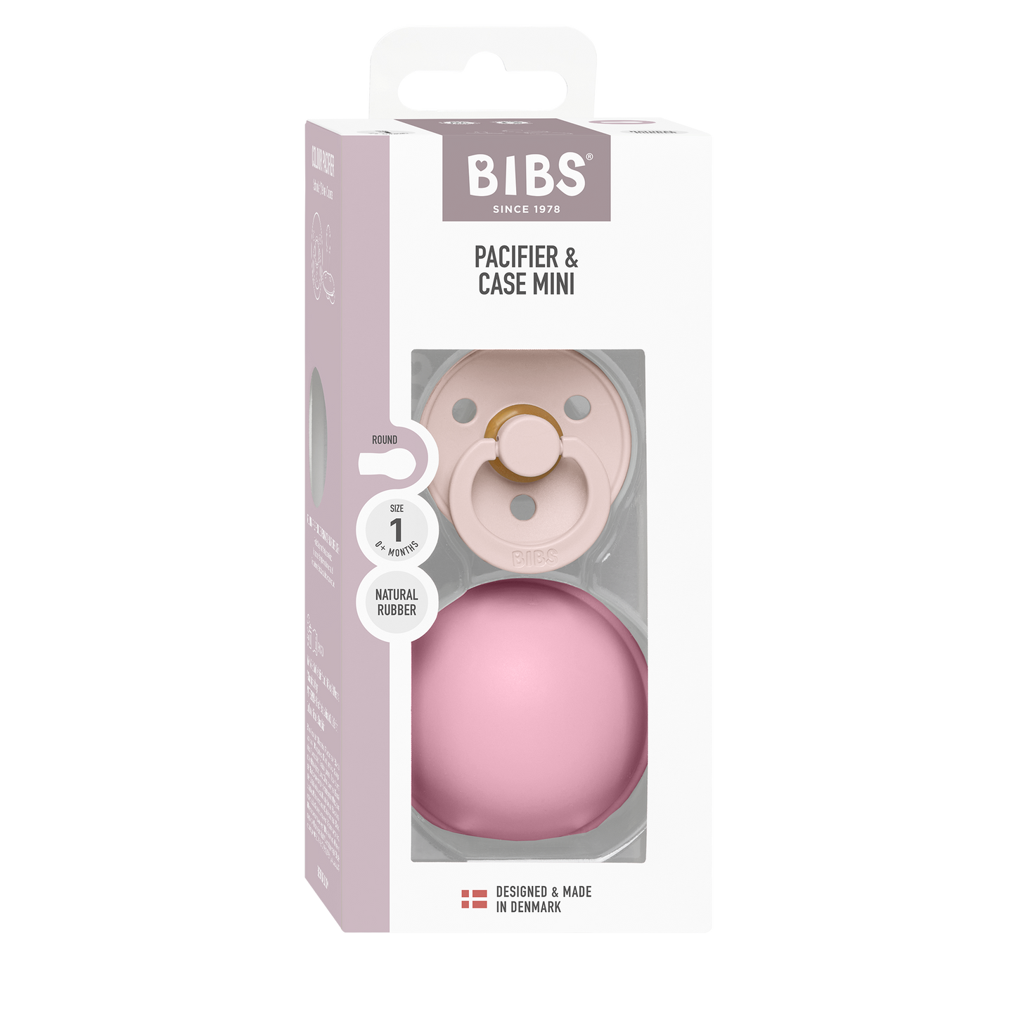 BIBS - Okrogla duda Colour in MINI škatlica za dudo - Petal/Pink