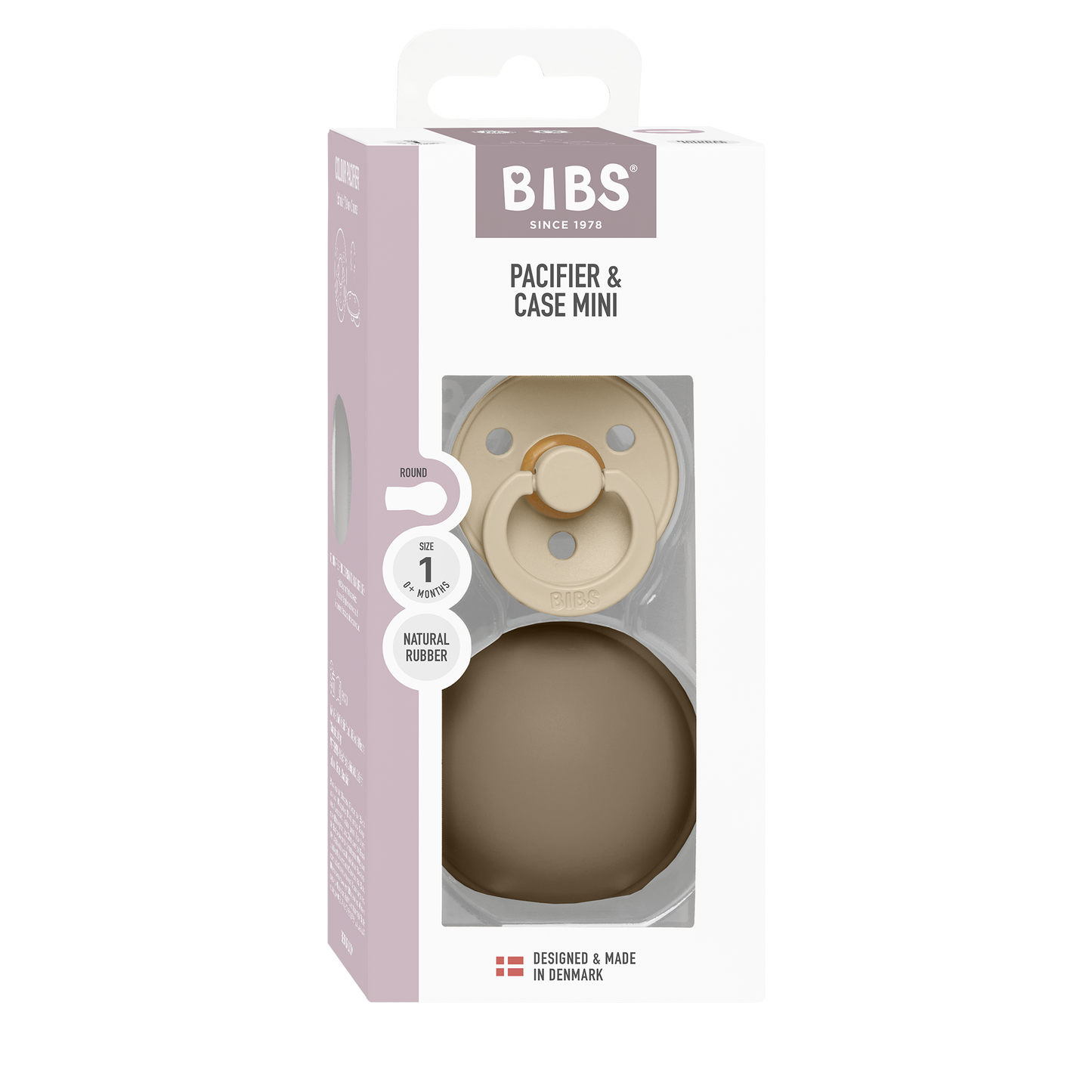 BIBS - Okrogla duda Colour in MINI škatlica za dudo - Vanilla/Oak