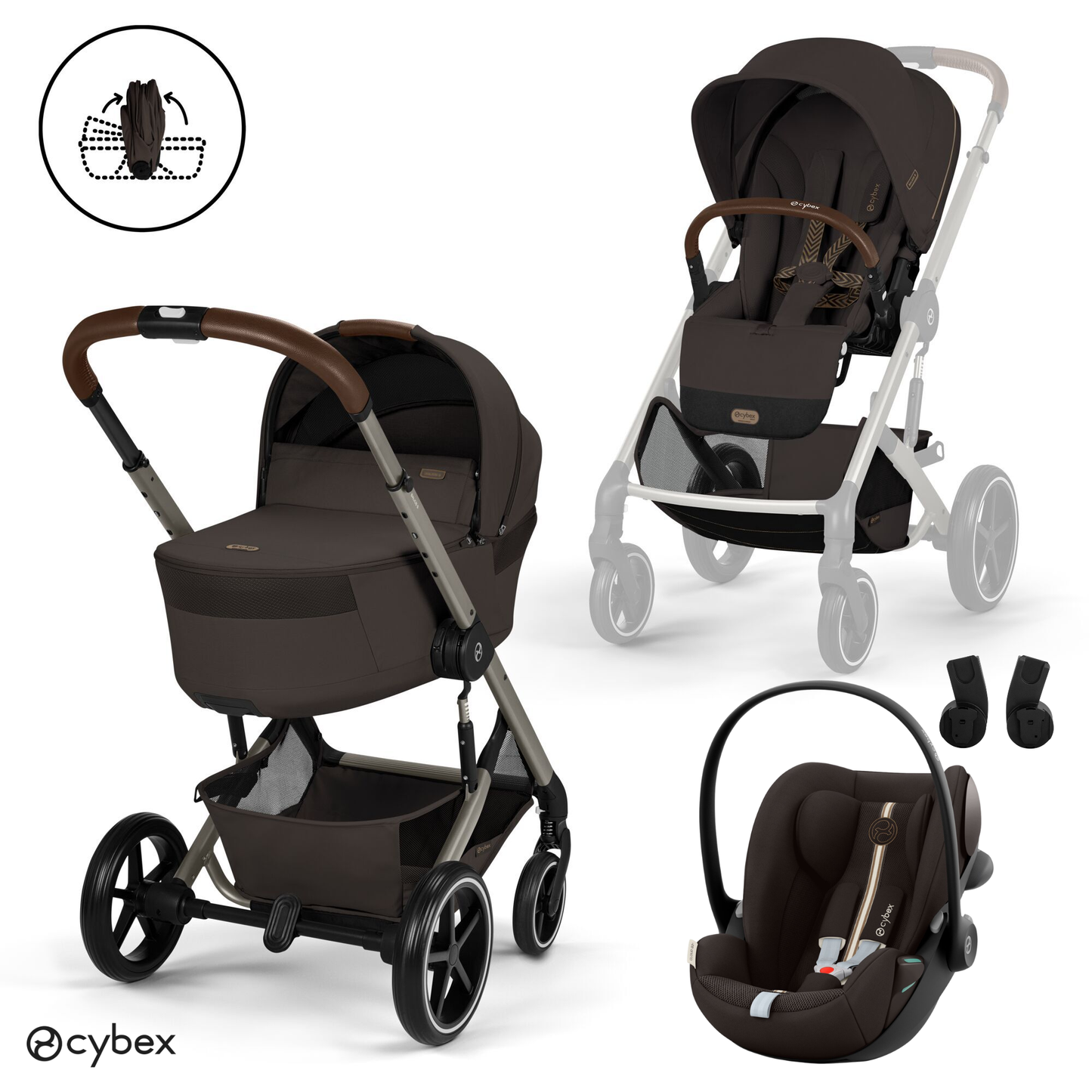 Cybex - Otroški voziček Balios S Lux z zložljivo košaro - Chocolate Brown (3v1)