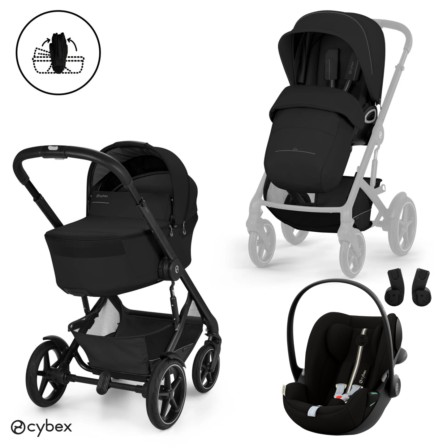 Cybex - Otroški voziček Talos S Lux z zložljivo košaro - Moon Black (3v1)