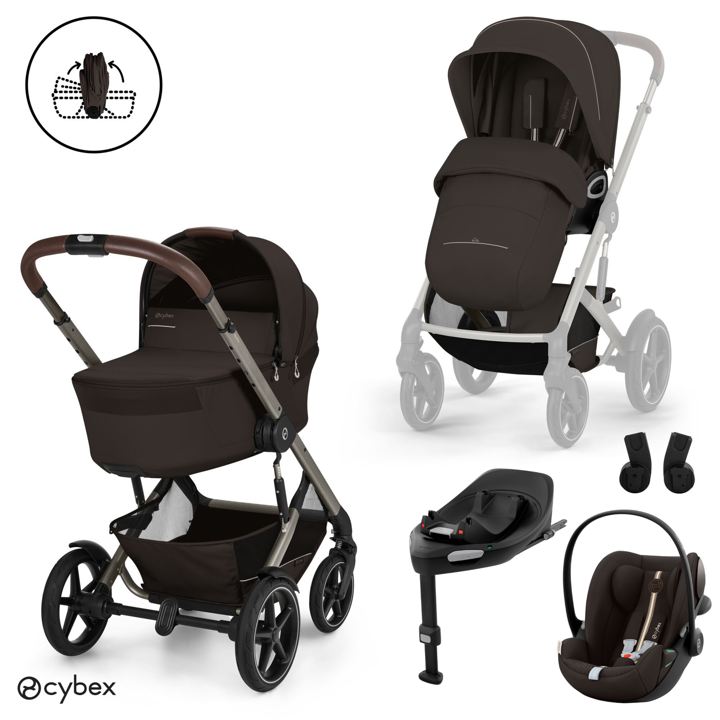 Cybex - Otroški voziček Talos S Lux z zložljivo košaro - Chocolate Brown (4v1)
