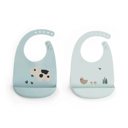 Done by Deer - Komplet 2 silikonskih slinčkov Tiny farm - Blue