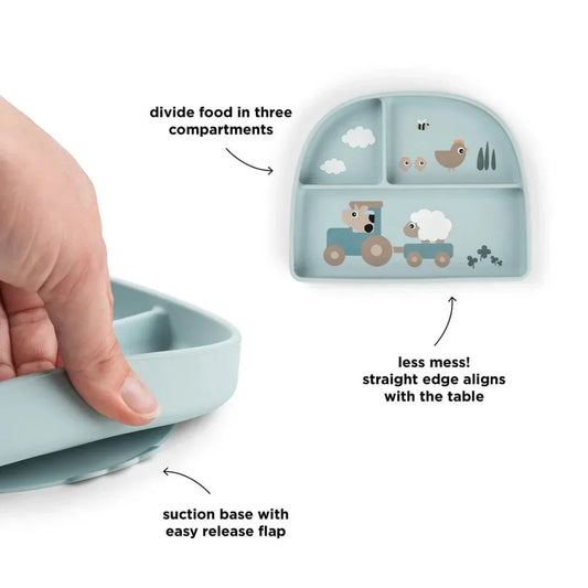 Done by Deer - Otroški deljeni krožnik Stick&Stay Tiny farm - Blue - DBD1769612 Luxbaby