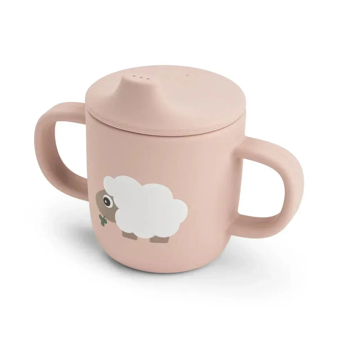 Done by Deer - Silikonski lonček s pokrovčkom in ročaji Tiny Farm - Powder