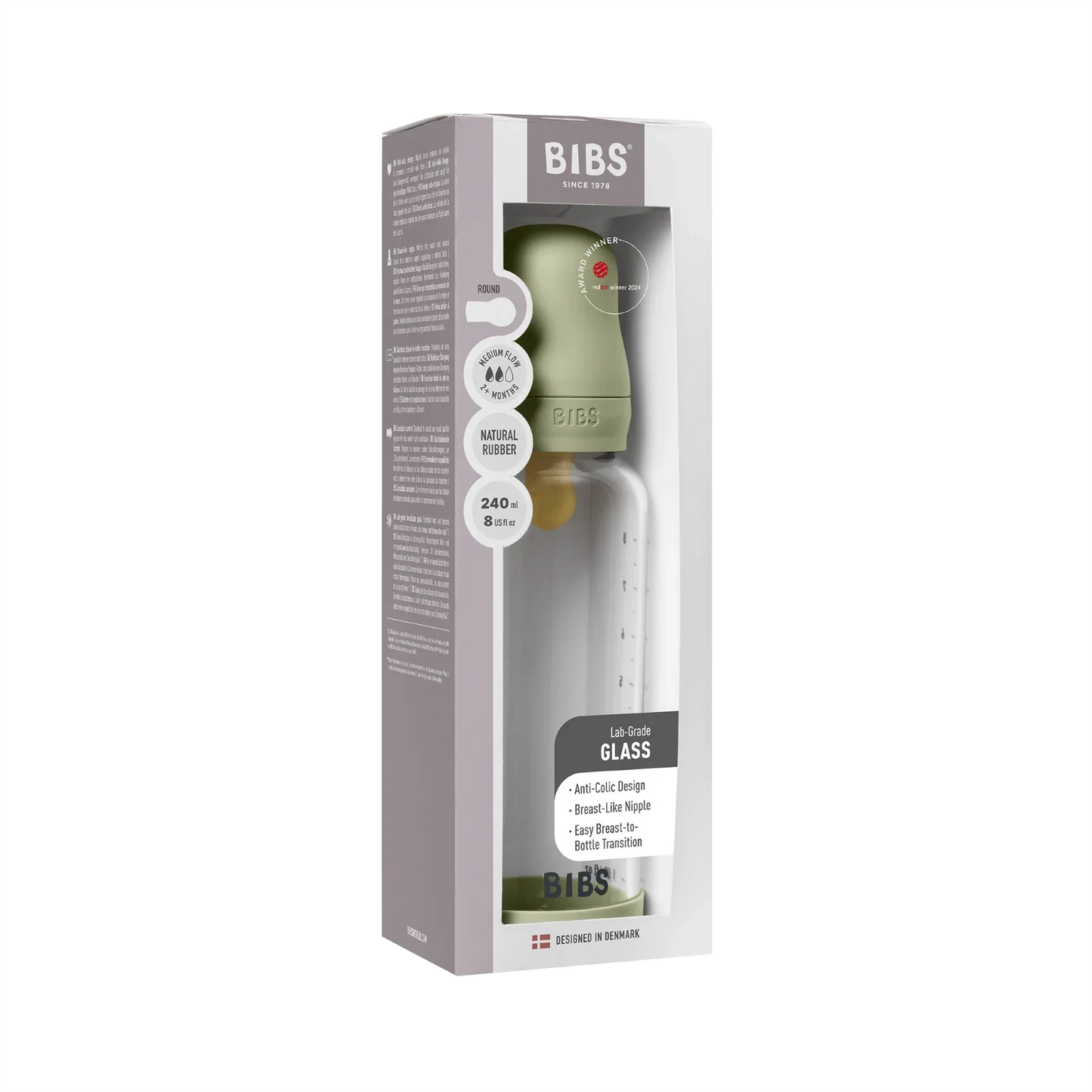 BIBS - Otroška steklena steklenička 240 ml, lateks - Sage (srednji pretok) - 5020250 Luxbaby