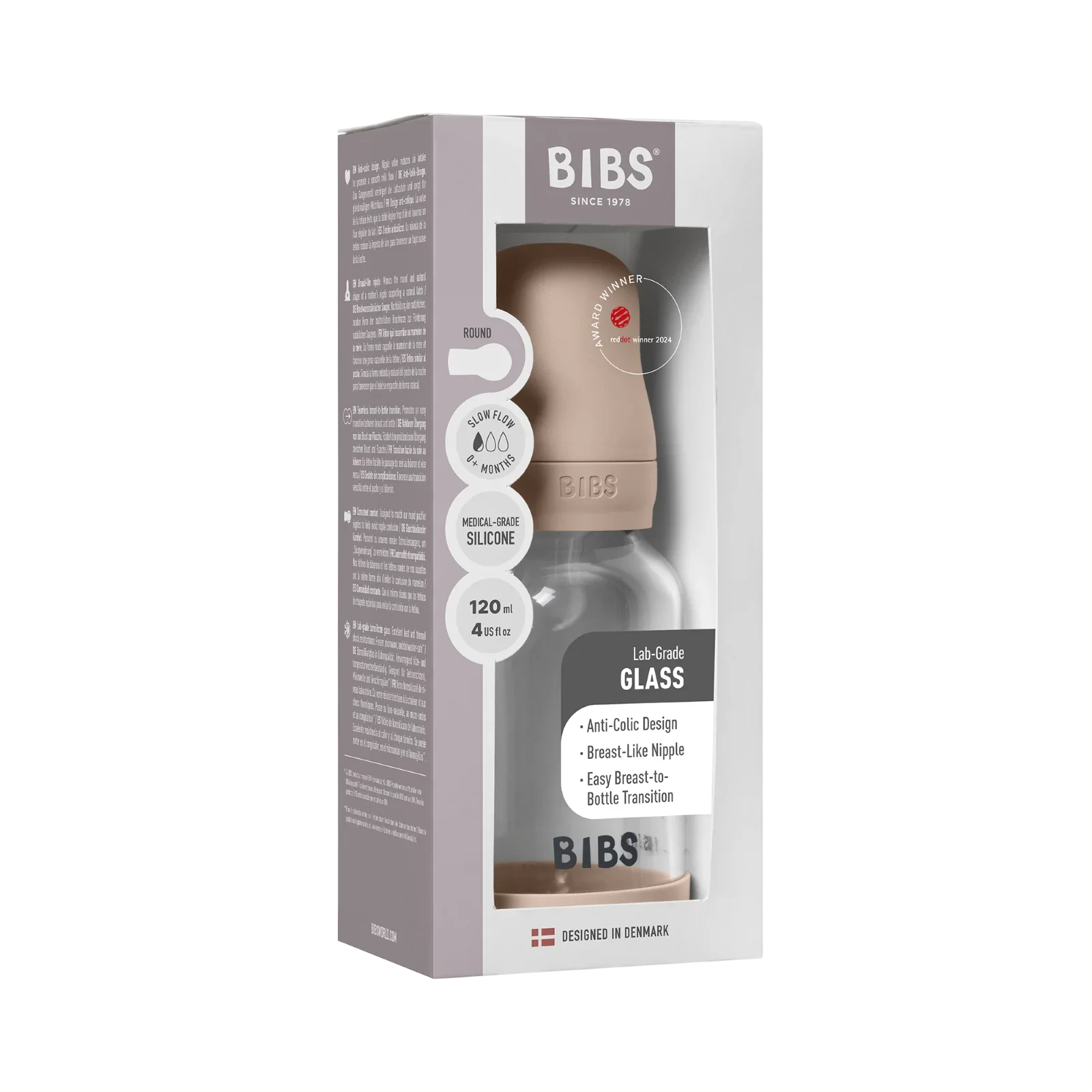 BIBS - Otroška steklena steklenička 120 ml, silikon - Blush (počasni pretok) - 50191244 Luxbaby
