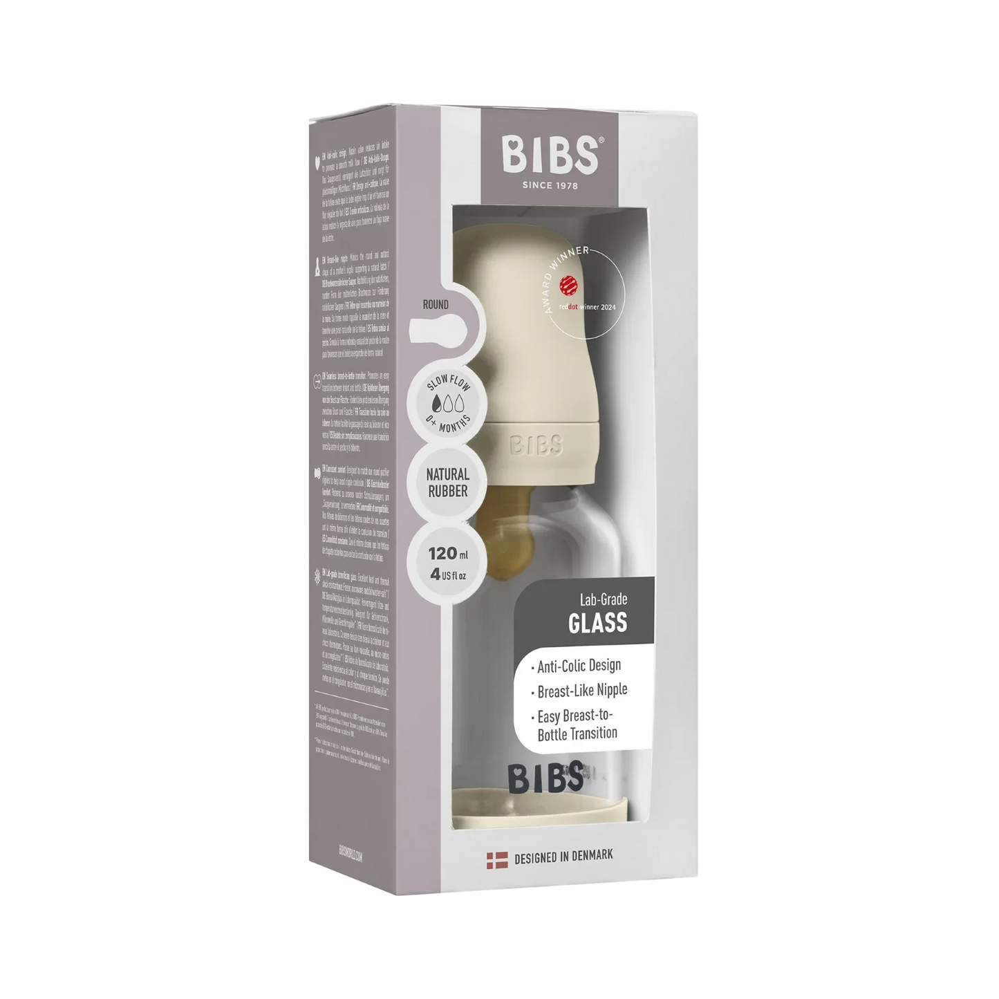 BIBS - Otroška steklena steklenička 120 ml, lateks - Ivory (počasni pretok) - 5019216 Luxbaby