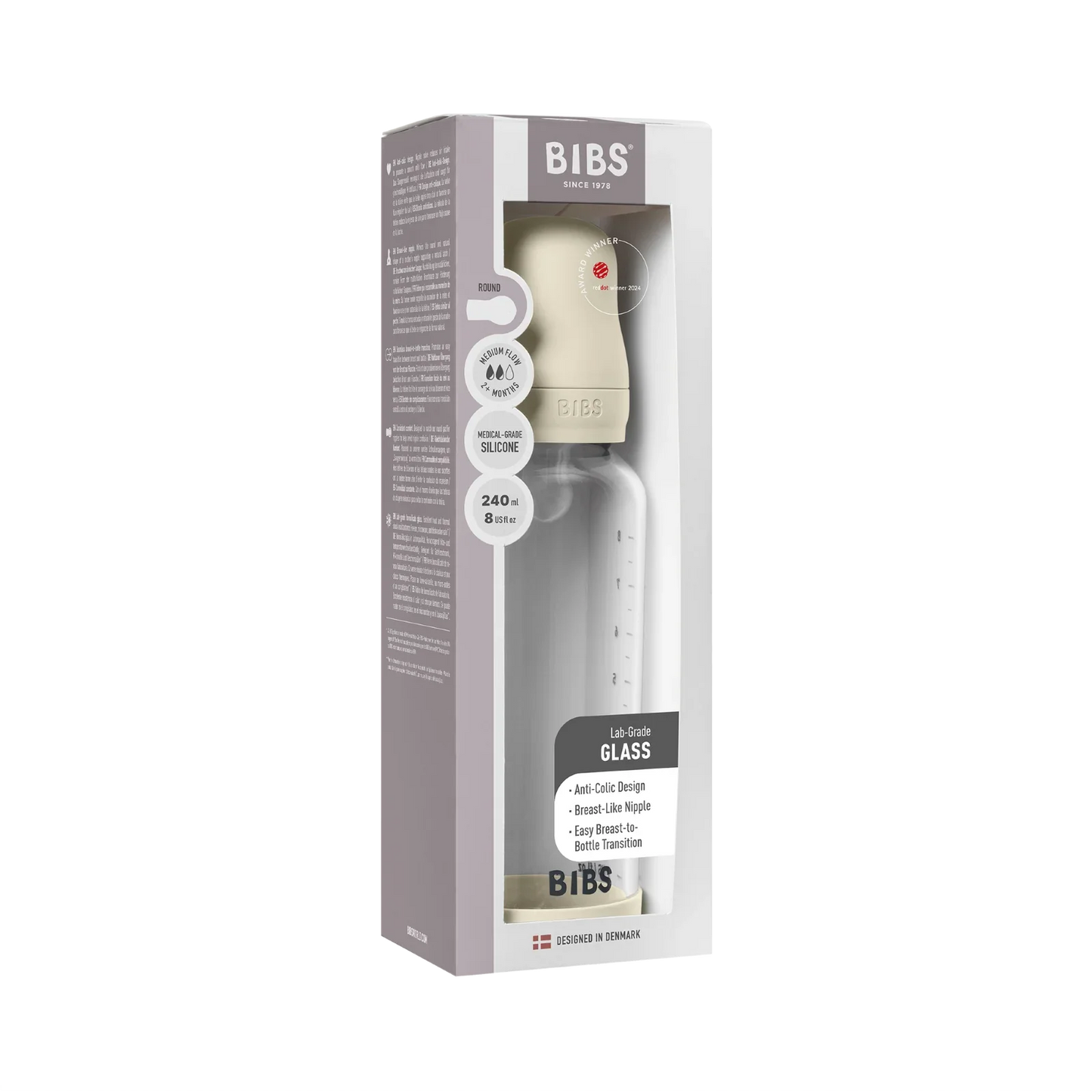 BIBS - Otroška steklena steklenička 240 ml, silikon - Ivory (srednji pretok) - 50201216 Luxbaby