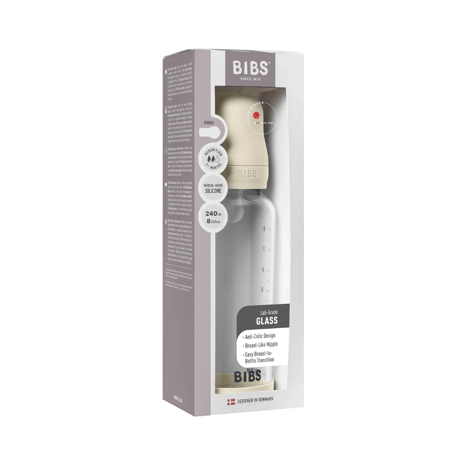 BIBS - Otroška steklena steklenička 240 ml, silikon - Ivory (srednji pretok) - 50201216 Luxbaby