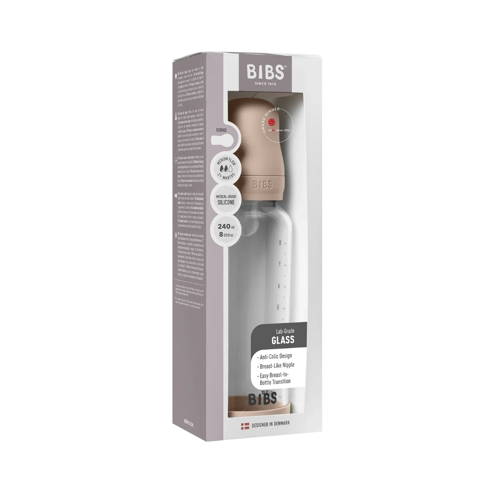 BIBS - Otroška steklena steklenička 240 ml, silikon - Blush (srednji pretok) - 50201244 Luxbaby