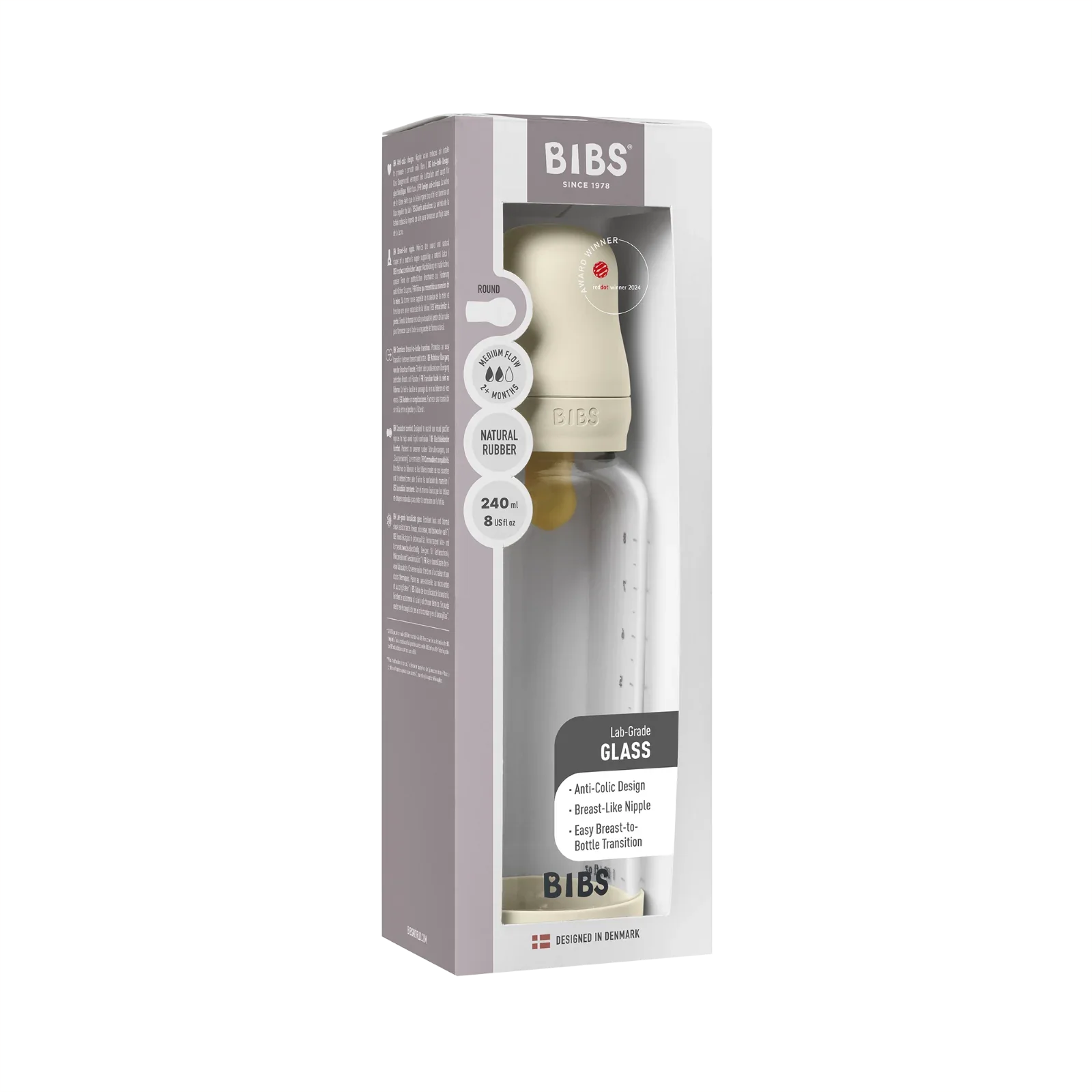 BIBS - Otroška steklena steklenička 240 ml, lateks - Ivory (srednji pretok) - 5020216 Luxbaby