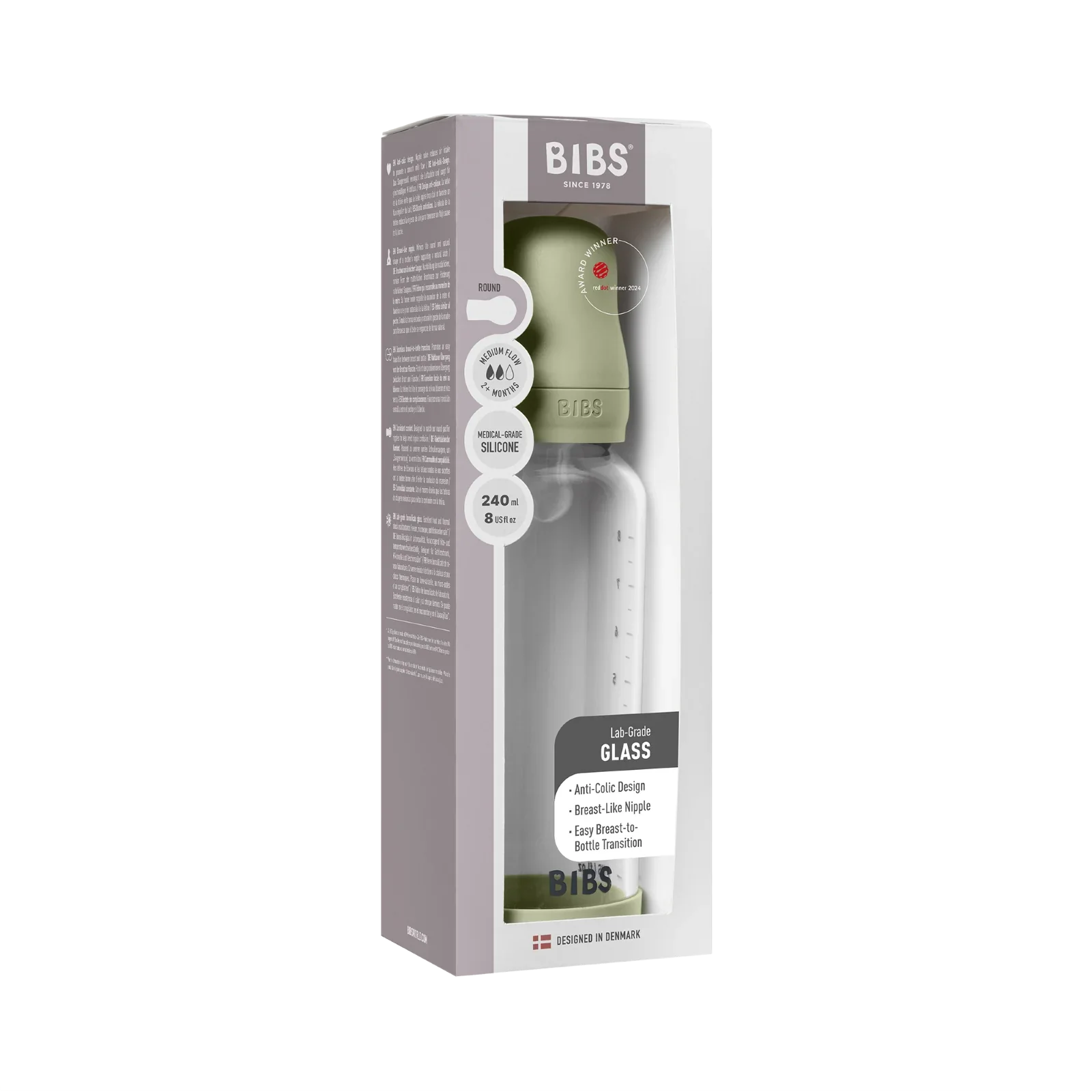 BIBS - Otroška steklena steklenička 240 ml, silikon - Sage (srednji pretok) - 50201250 Luxbaby