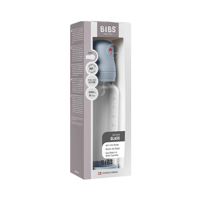 BIBS - Otroška steklena steklenička 240 ml, silikon - Baby Blue (srednji pretok) - 50201231 Luxbaby