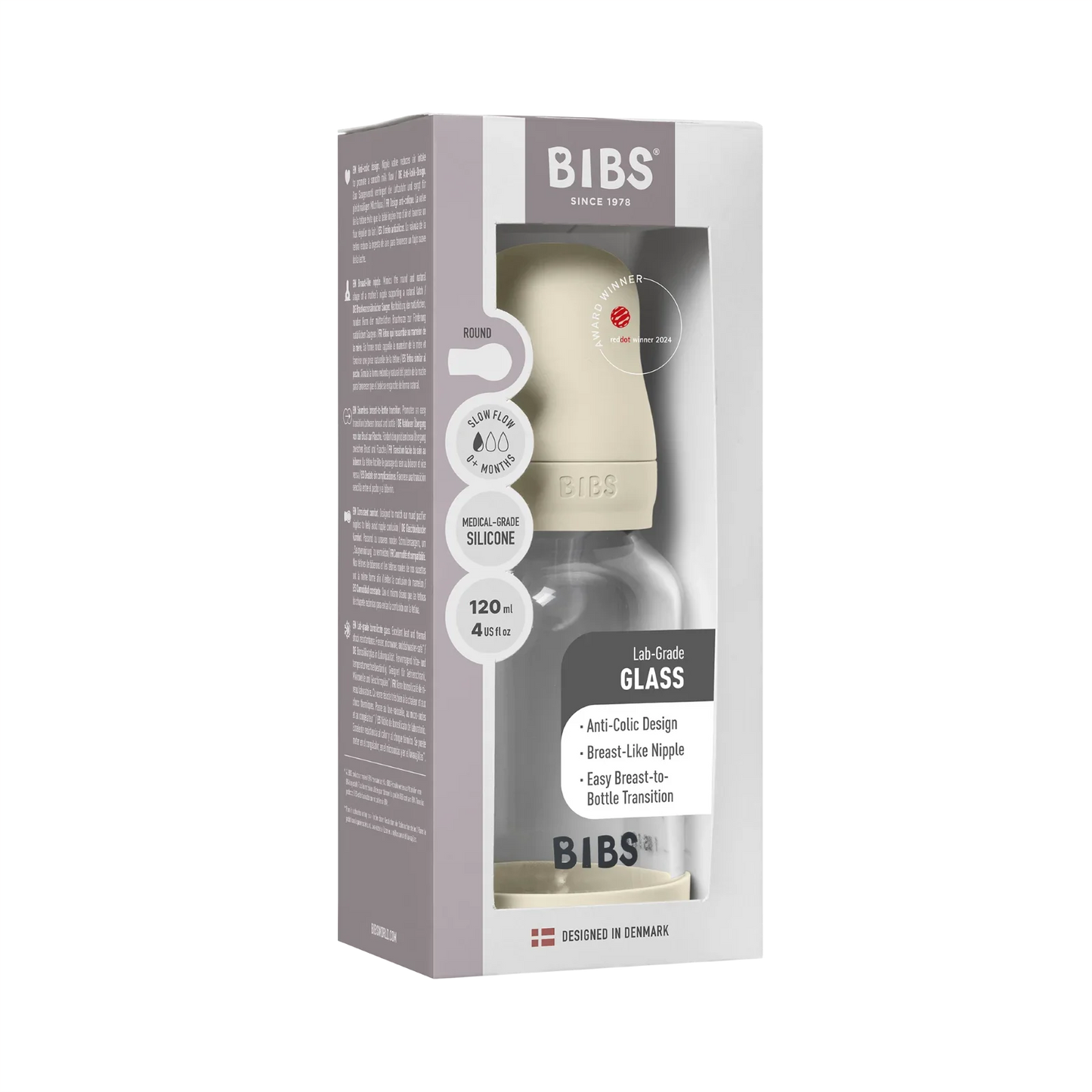 BIBS - Otroška steklena steklenička 120 ml, silikon - Ivory (počasni pretok) - 50191216 Luxbaby